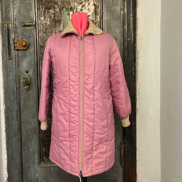 M Vintage 70s 80s mauve winter coat beige knit collar and cuffs Long puffer coat - Picture 1 of 8